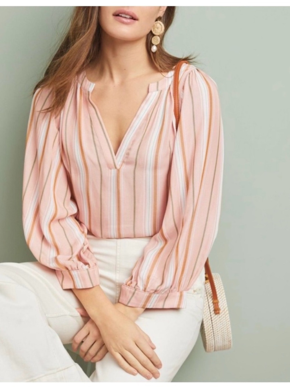 Anthropologie Maeve Brenda Pink Striped Oversized Peasant Top Size XSmall
